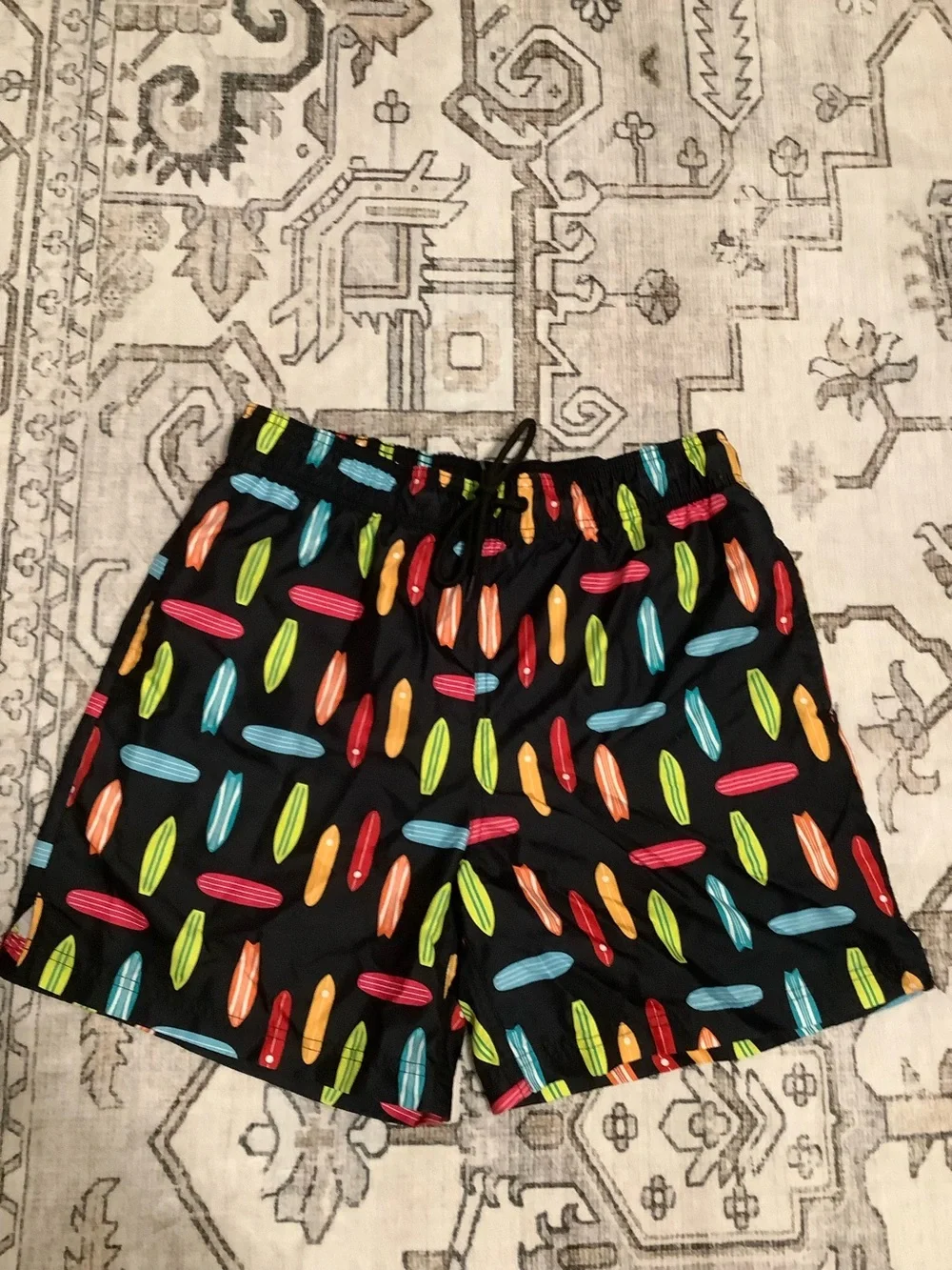 George Black Swim Shorts with Multicolor Surfboard Print
